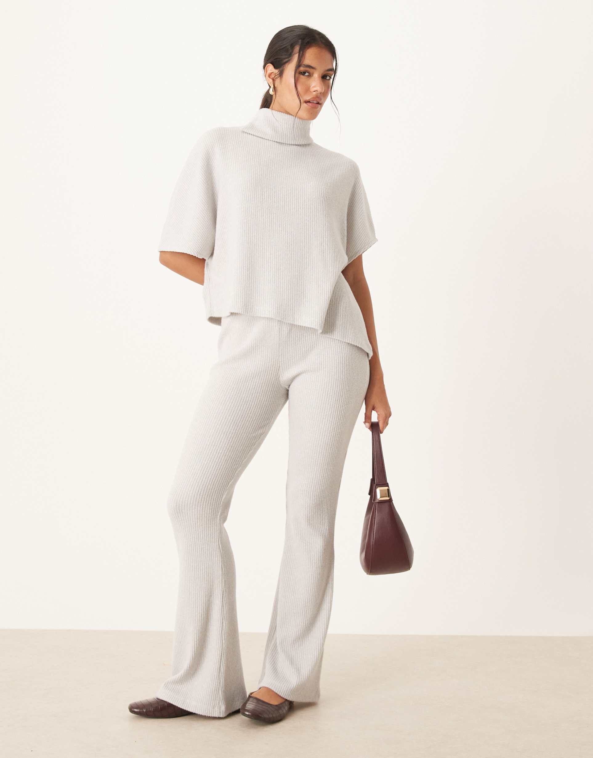 asos design brushed ribbed flared pants in gray - part of a set