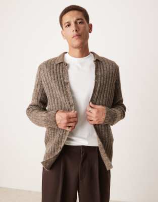 ASOS DESIGN brushed ribbed knitted collar cardigan in brown