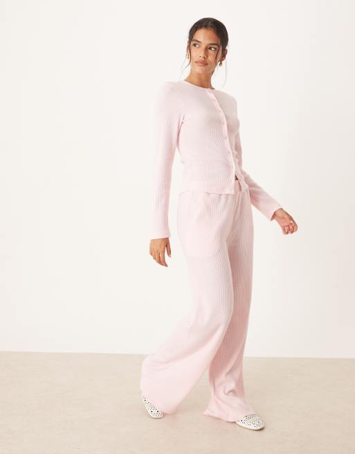 ASOS DESIGN brushed ribbed long sleeve crew neck cardigan in pink - part of a set