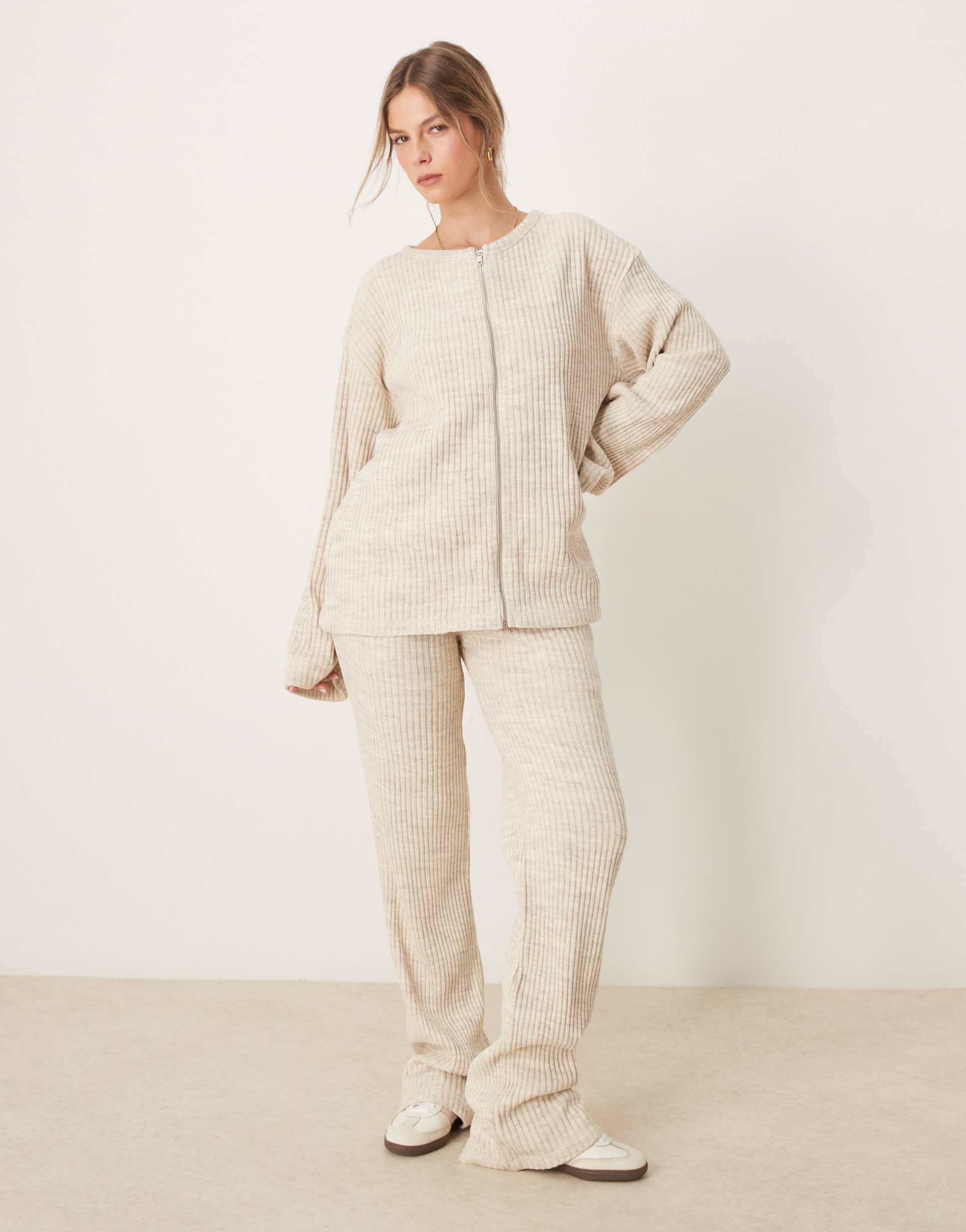 asos design brushed ribbed wide leg pants in ecru - part of a set