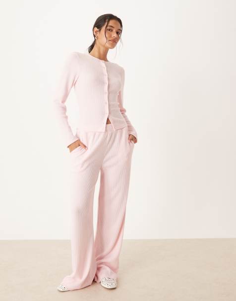 ASOS DESIGN brushed ribbed wide leg pants in pink - part of a set - view 1