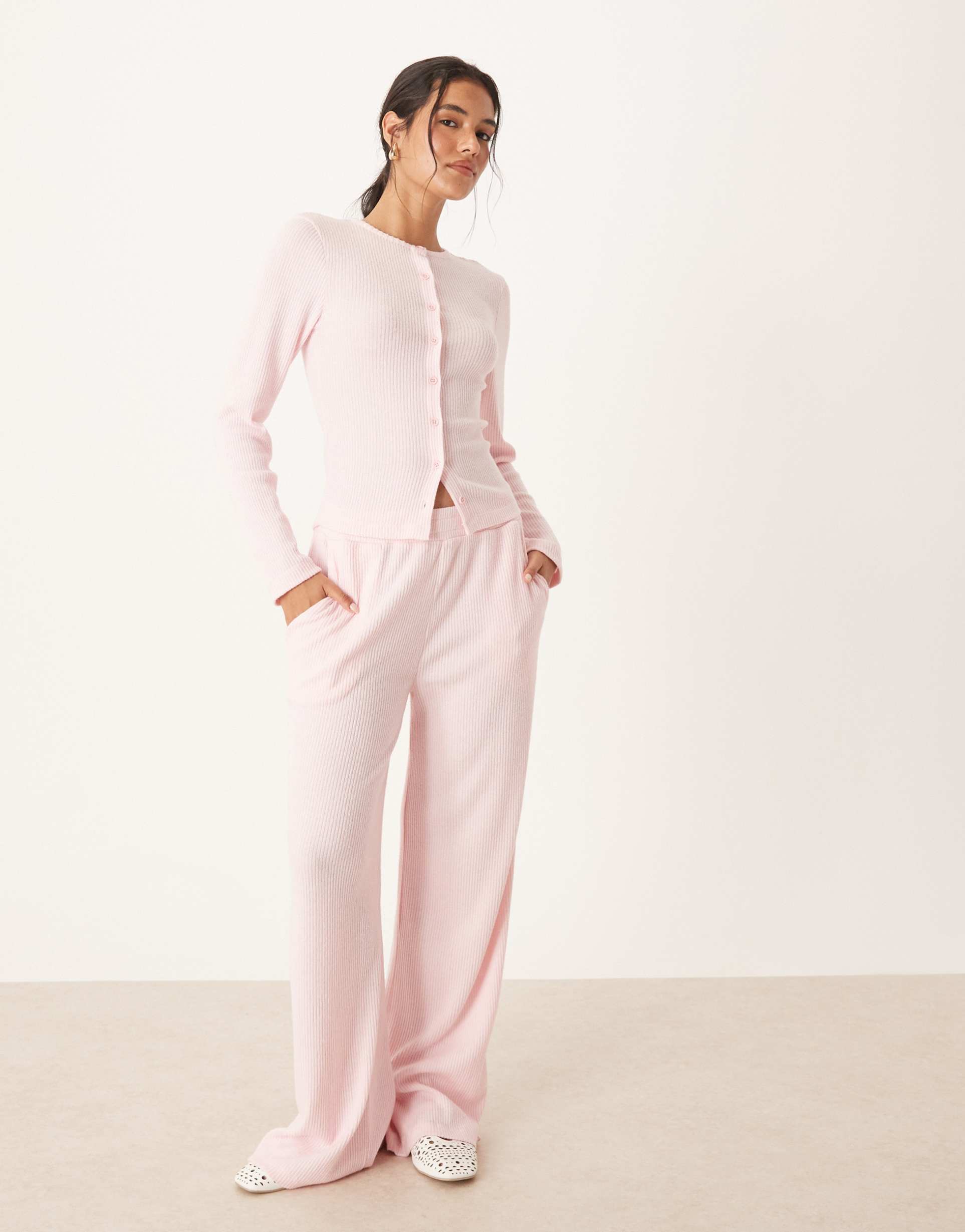 asos design brushed ribbed wide leg pants in pink - part of a set