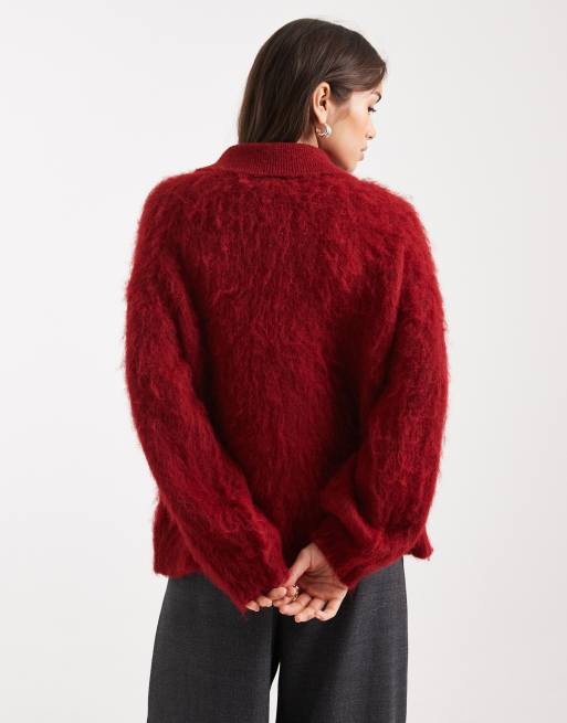 ASOS DESIGN brushed rugby polo jumper in red, 4 of 4