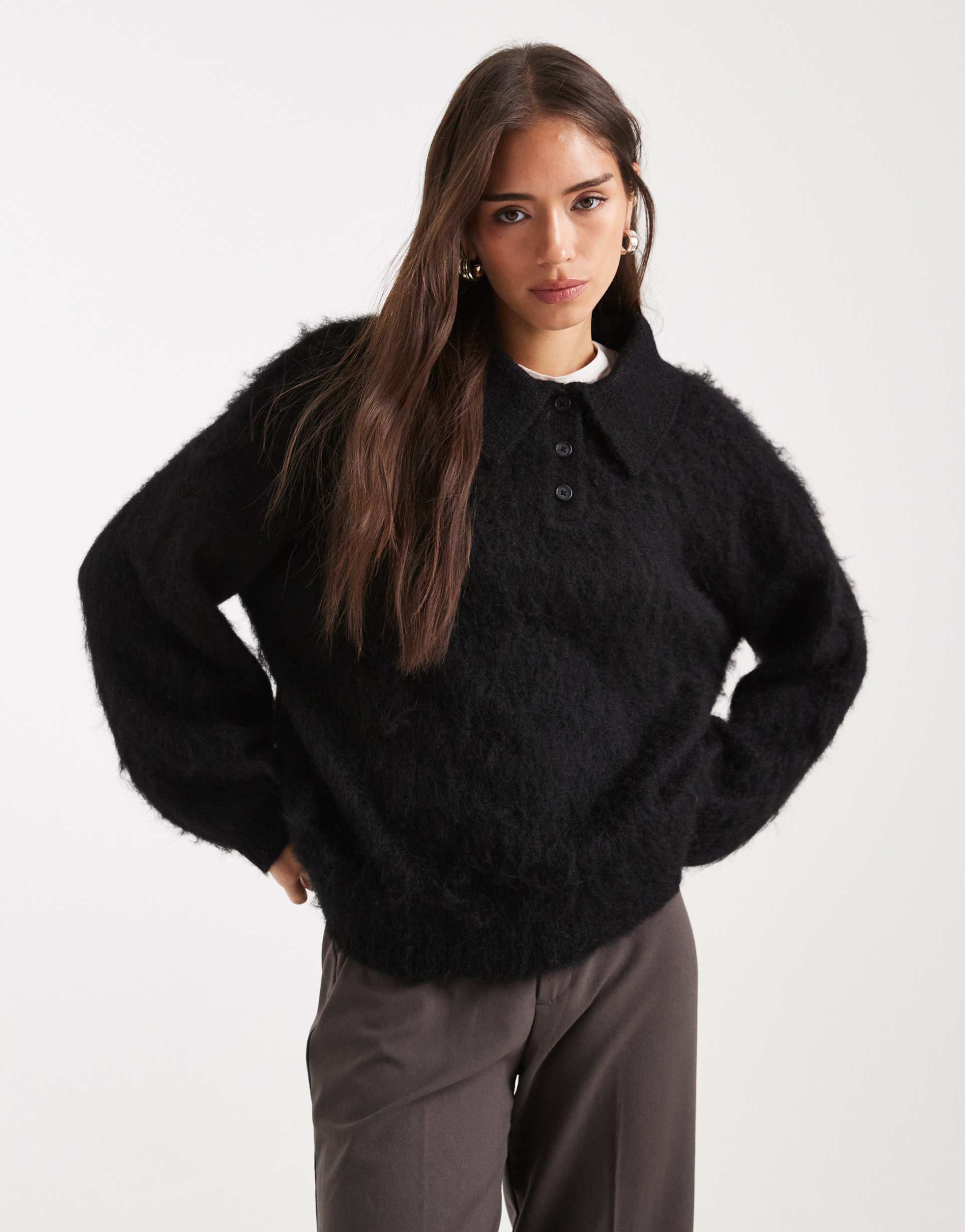 asos design brushed rugby polo sweater in black