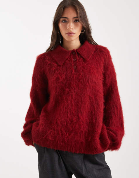 ASOS DESIGN brushed rugby polo sweater in red - view 1