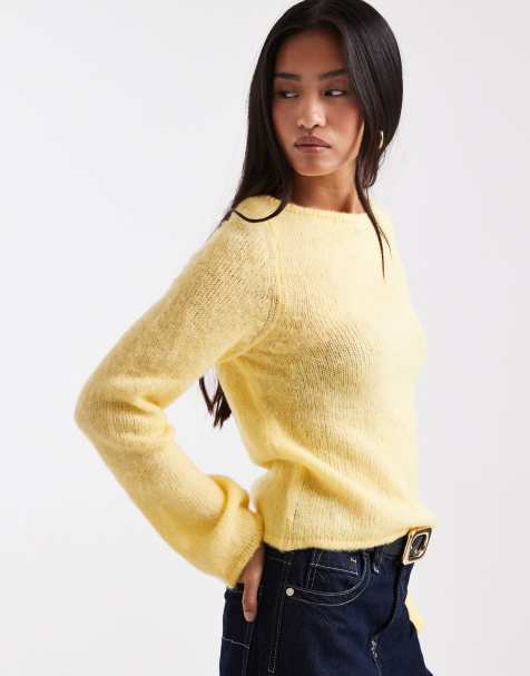 ASOS DESIGN brushed slash neck sweater in yellow - view 1