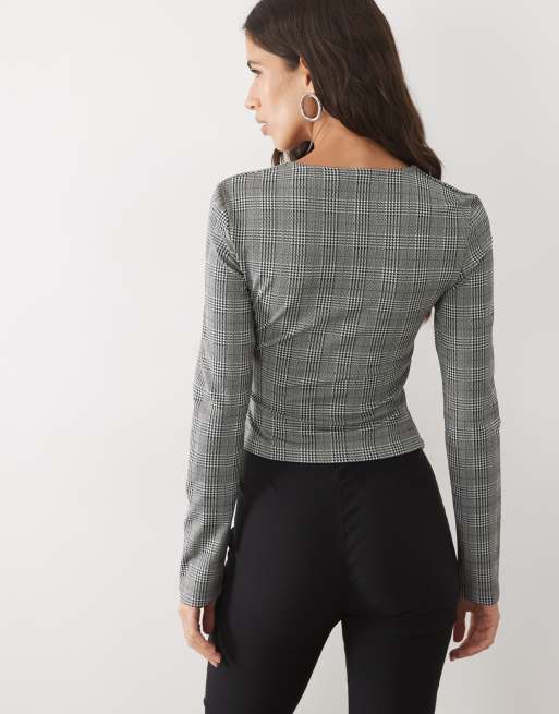 ASOS DESIGN brushed square neck long sleeve corset top in check print, 4 of 4