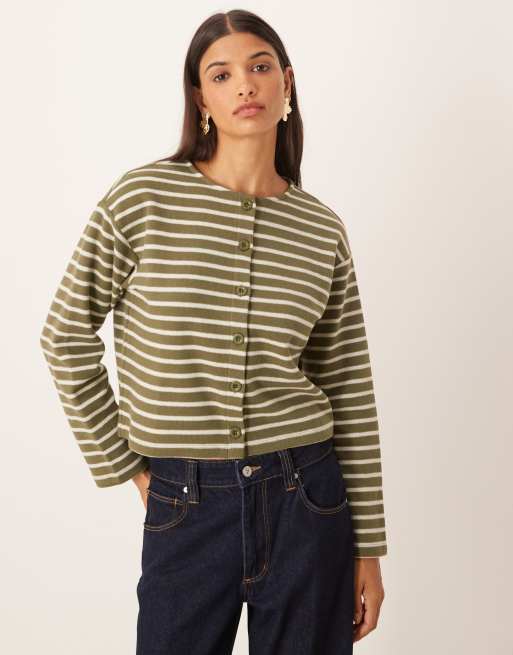 ASOS DESIGN brushed stripe button through long sleeve top in olive (part of a set)