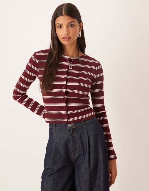 ASOS DESIGN brushed stripe button through top in burgundy - view 1