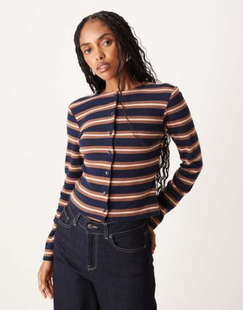 ASOS DESIGN brushed stripe button through top in navy - view 1