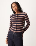 [ASOS DESIGN] ASOS DESIGN brushed stripe button through top in navy XS NAVY