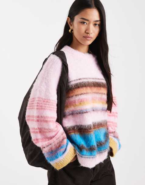 ASOS DESIGN brushed stripe oversized jumper in pink - view 1