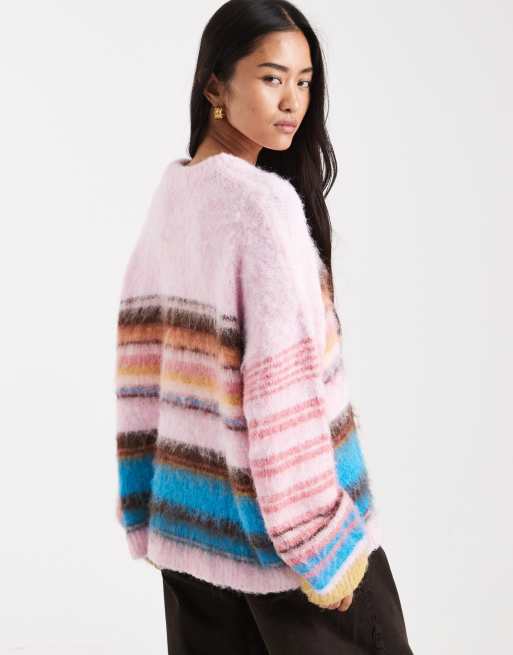 ASOS DESIGN brushed stripe oversized jumper in pink, 3 of 4