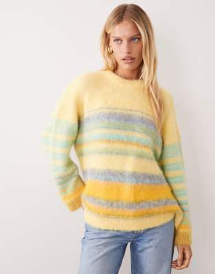 Asos Design Brushed Stripe Oversized Sweater In Yellow