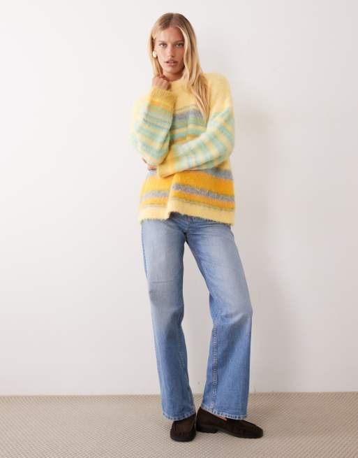 ASOS DESIGN brushed stripe oversized sweater in yellow, 2 of 4
