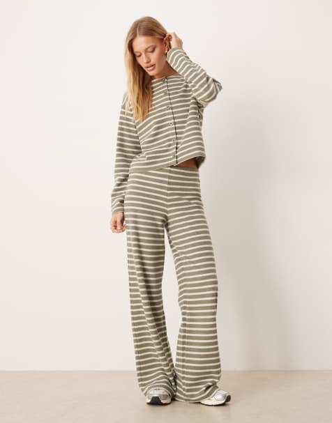 ASOS DESIGN brushed stripe wide leg co ord trousers in green
