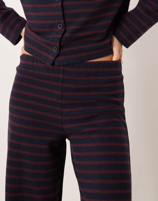 ASOS DESIGN brushed stripe wide leg pants in burgundy (part of a set), 3 of 5