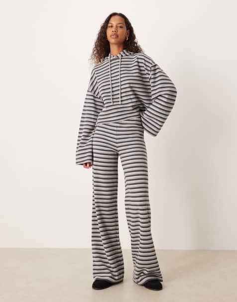 ASOS DESIGN brushed stripe wide leg pants in grey (part of a set) - view 1