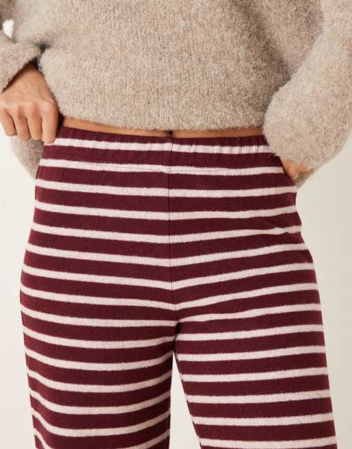 ASOS DESIGN brushed stripe wide leg trousers co ord in burgundy, 3 of 5