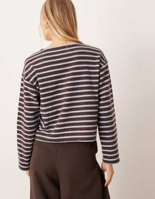 Asos Design Brushed Striped Button Up Long Sleeve Top In Blue