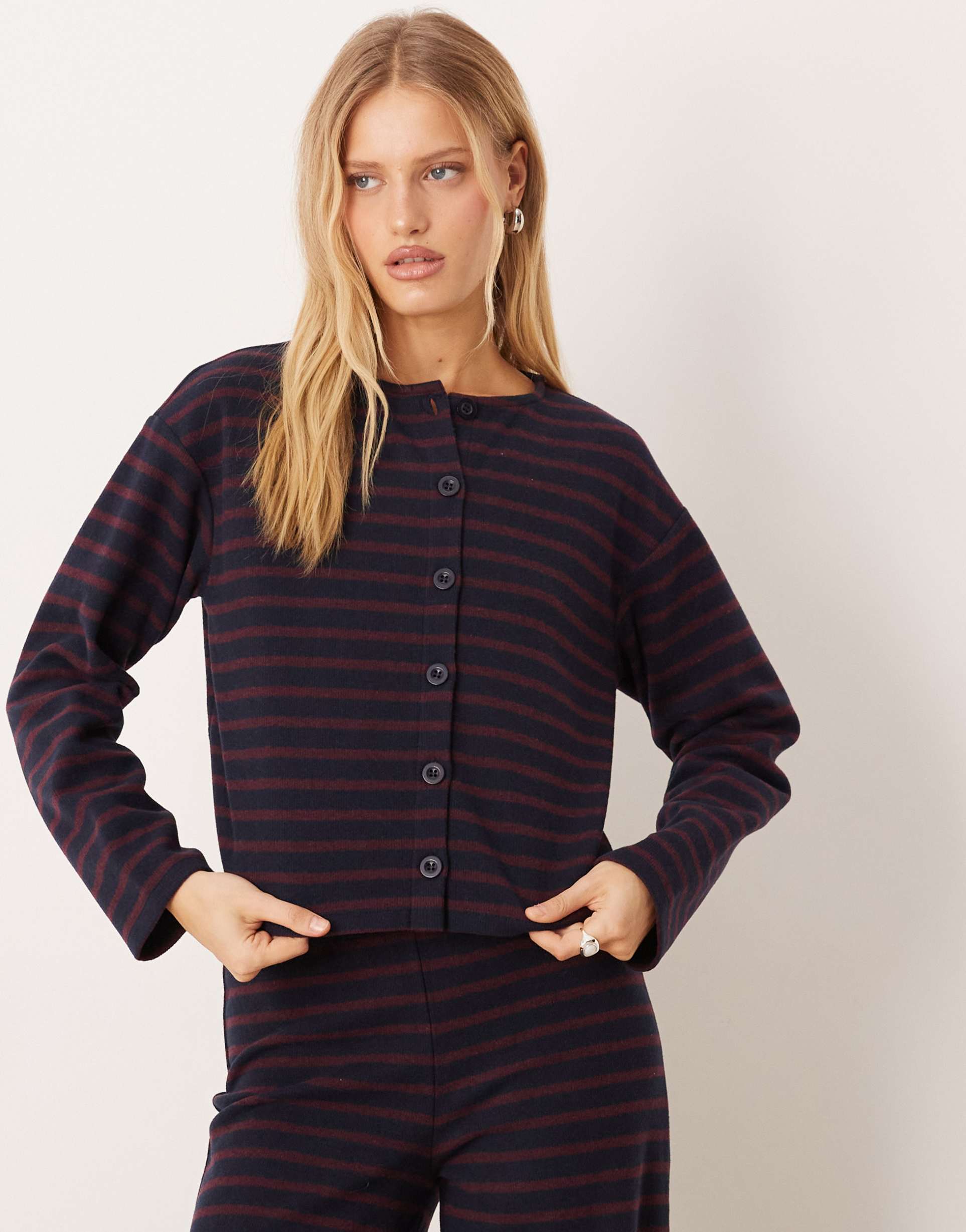 asos design brushed striped button up long sleeve top in burgundy - part of a set