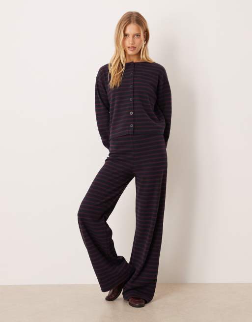 ASOS DESIGN brushed striped button up long sleeve top in burgundy - part of a set