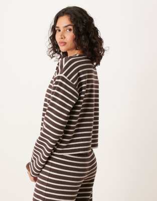 Asos Design Brushed Striped Button Up Long Sleeve Top In Brown
