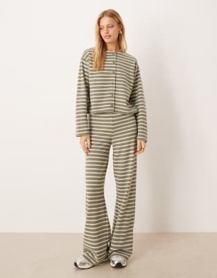 Asos Design Brushed Striped Button Up Long Sleeve Top In Green