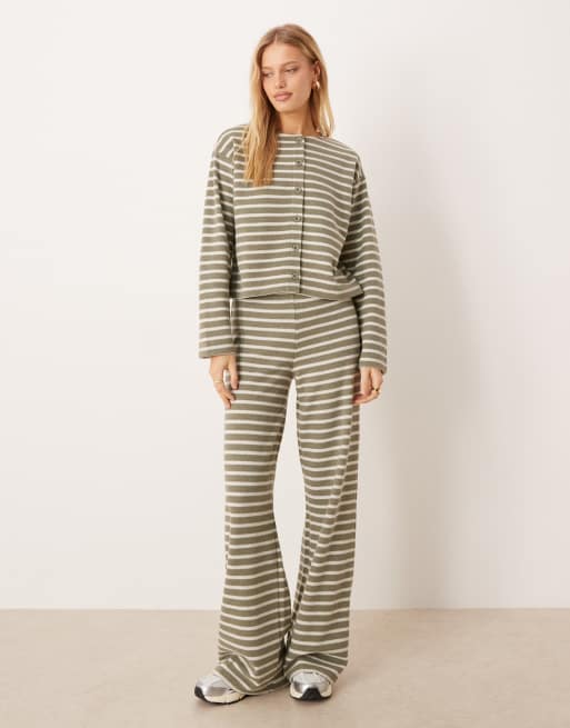 ASOS DESIGN brushed striped button up long sleeve top in green - part of a set, 2 of 4