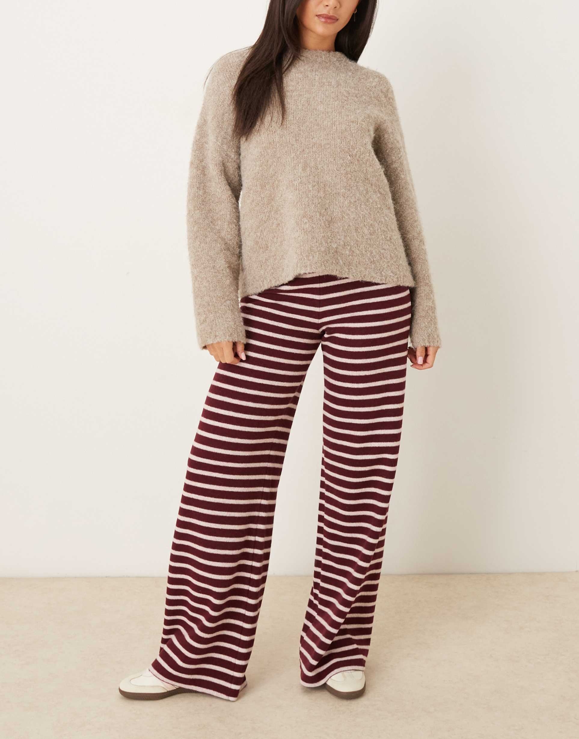 asos design brushed striped wide leg pants in burgundy - part of a set