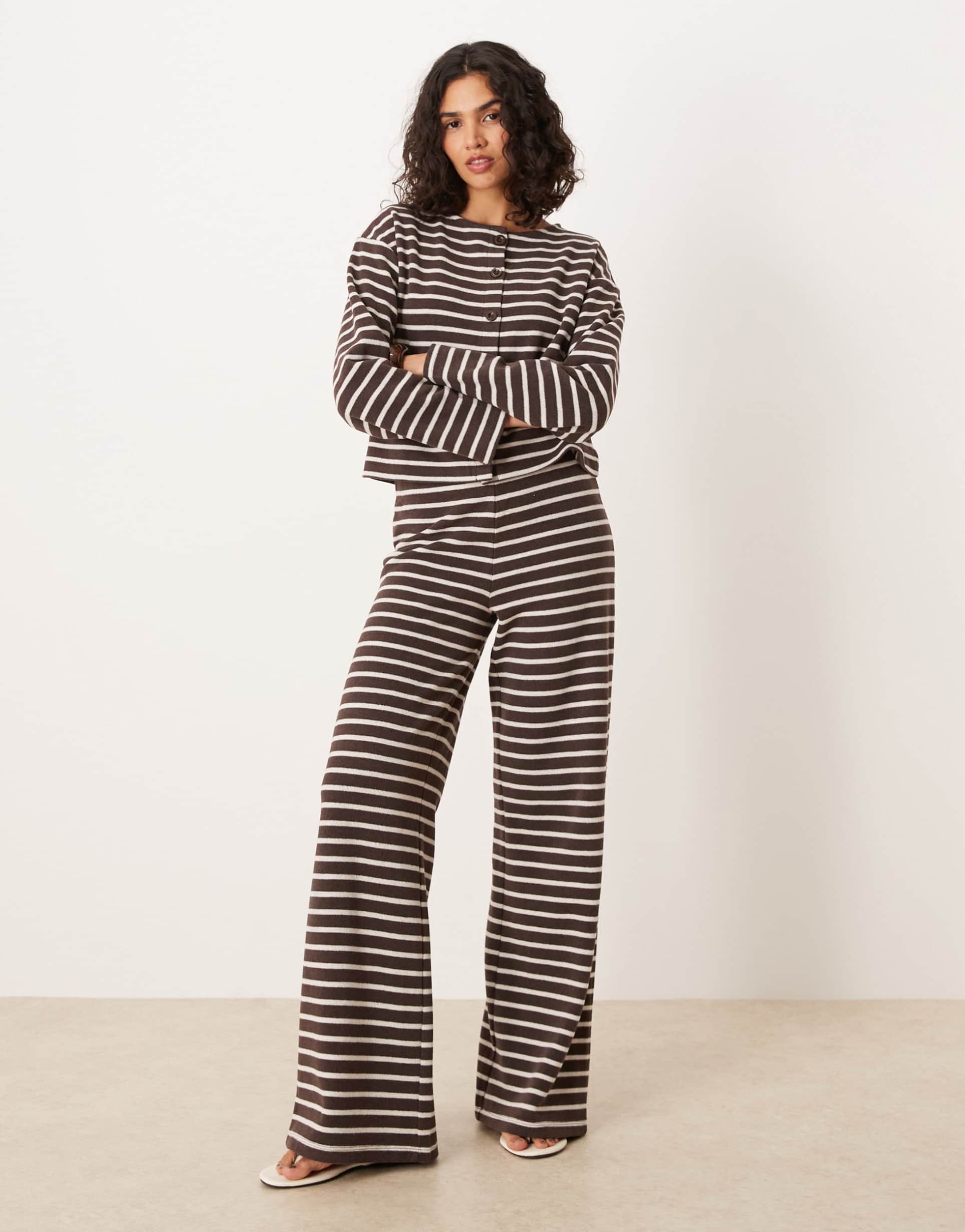 asos design brushed striped wide leg pants in chocolate - part of a set