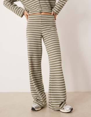 Asos Design Brushed Striped Wide Leg Pants In Green
