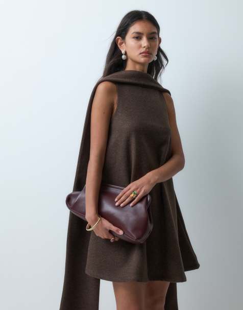 ASOS DESIGN brushed swing mini dress with scarf neck in chocolate brown - view 1