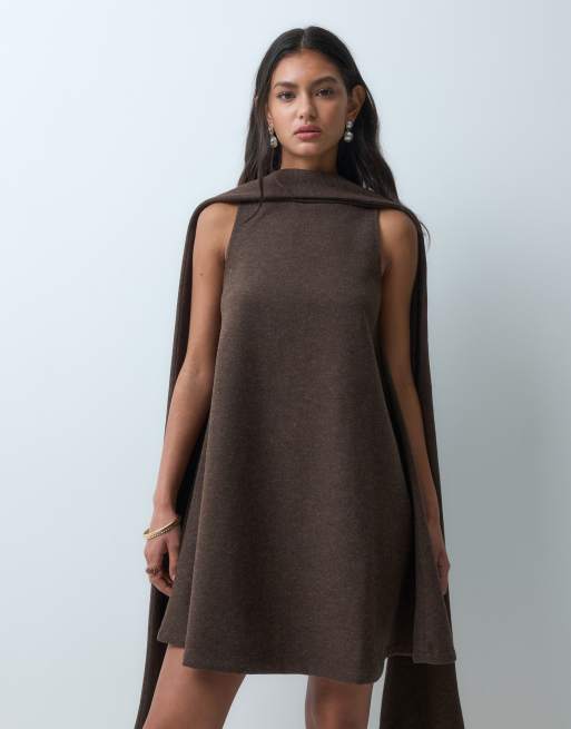 ASOS DESIGN brushed swing mini dress with scarf neck in chocolate brown, 4 of 5