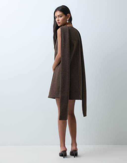ASOS DESIGN brushed swing mini dress with scarf neck in chocolate brown, 5 of 5