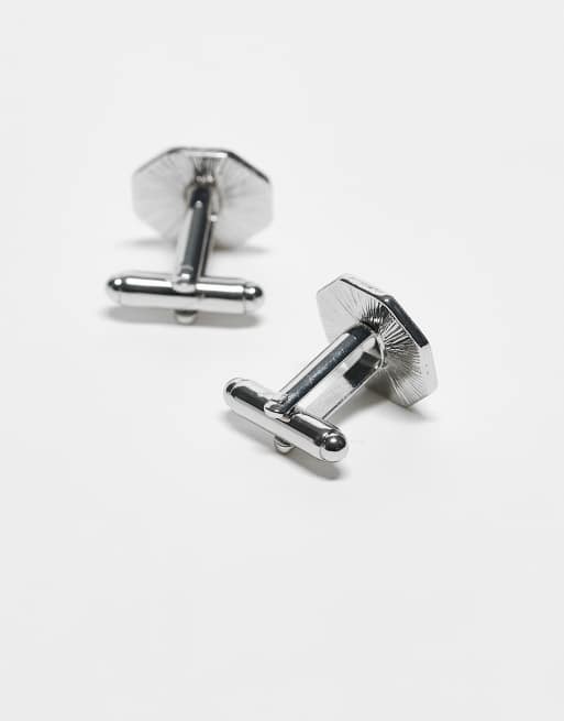 ASOS DESIGN brushed top hexagon cufflinks in silver, 2 of 3