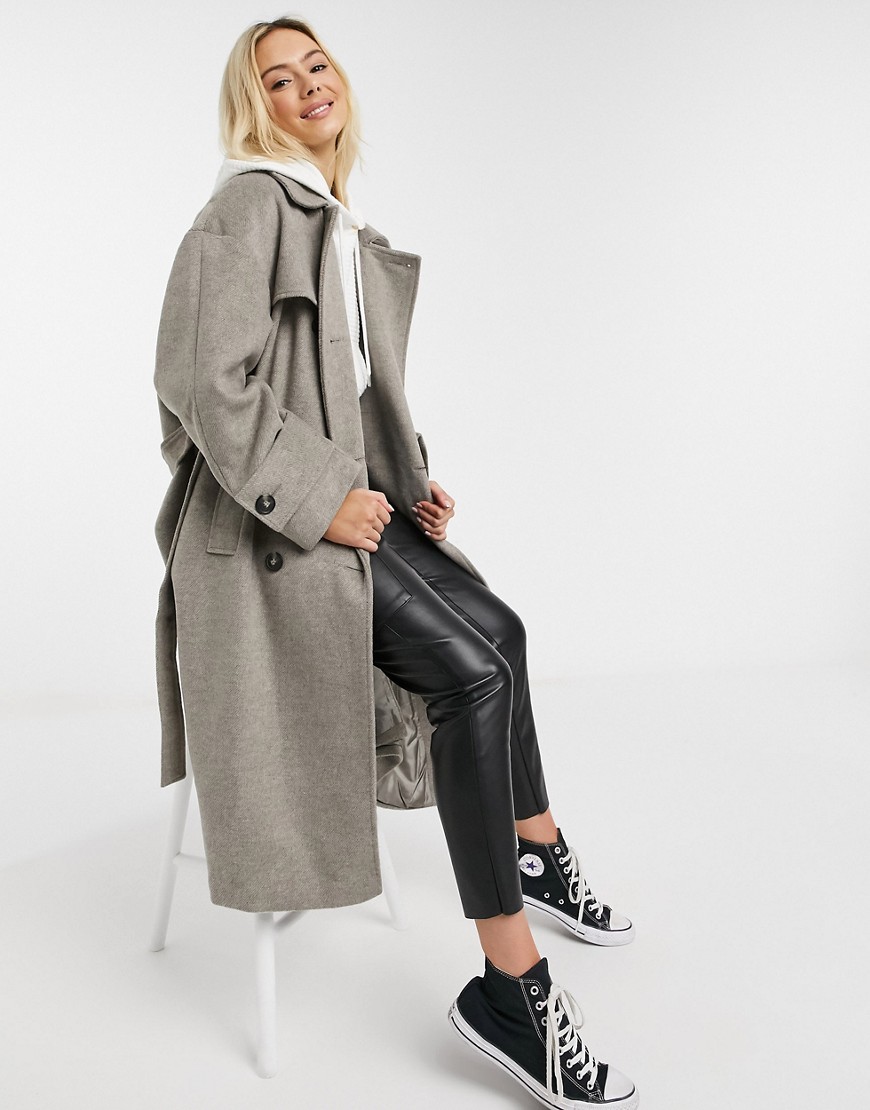 Asos Design Brushed Twill Trench Coat In Gray-grey