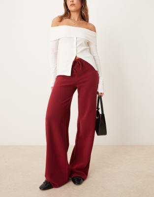 Asos Design Brushed Wide Leg Pants In Burgundy - Part Of A Set-red