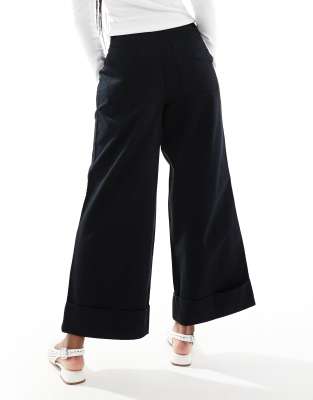 Asos Design Brushed Wide Leg Turn Up Ankle Grazer In Navy