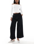 [ASOS DESIGN] ASOS DESIGN brushed wide leg turn up ankle grazer pants in black-Navy 4 Black