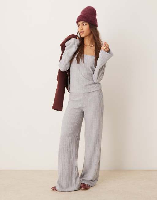 ASOS DESIGN brushed wide rib knit wide leg pants in gray - part of a set