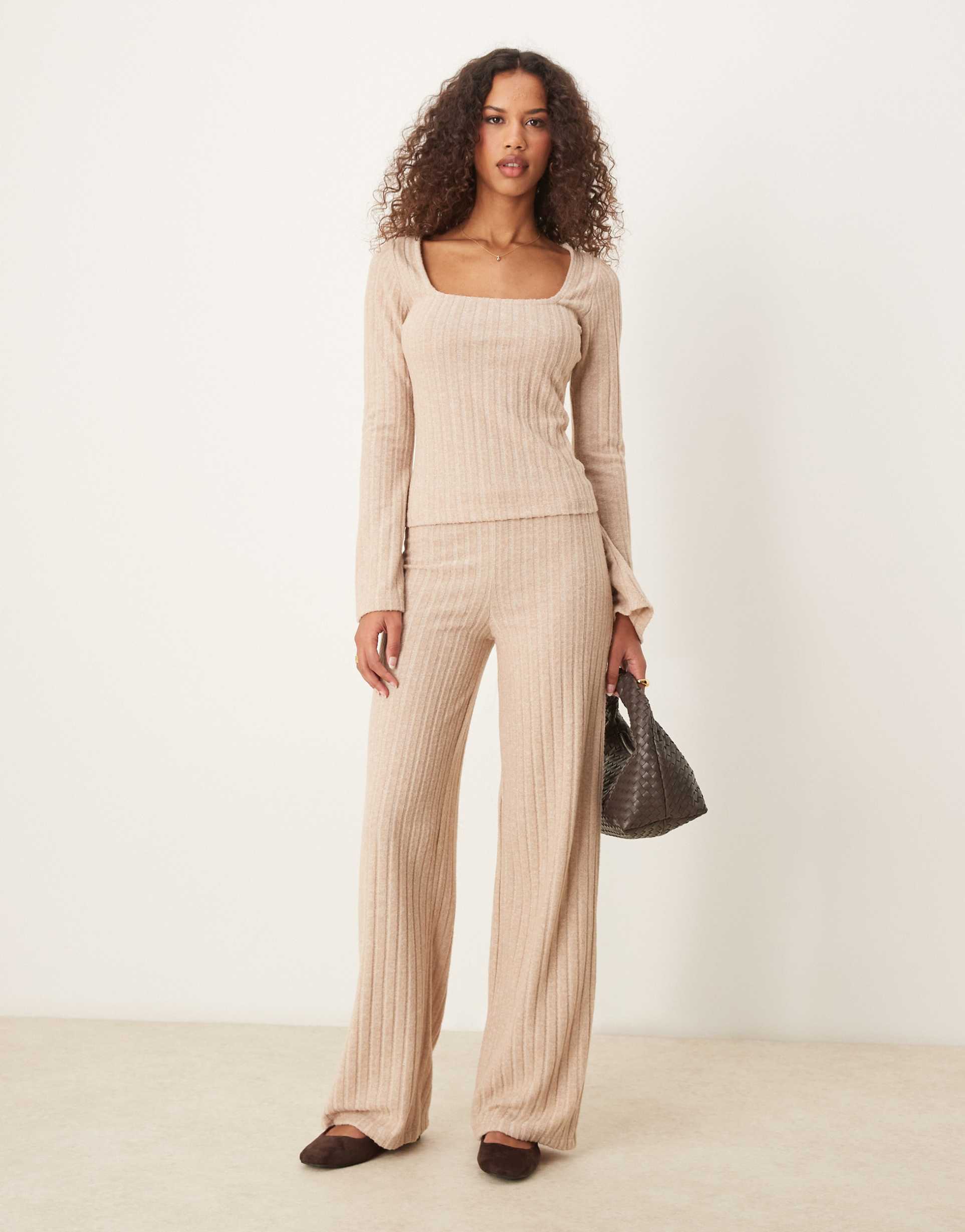 asos design brushed wide rib wide leg pants in oat - part of a set