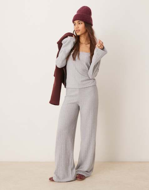 ASOS DESIGN brushed wide rib wide leg trousers co ord in grey - view 1