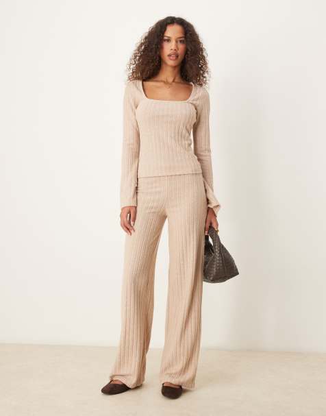 ASOS DESIGN brushed wide rib wide leg trousers co ord in oat
