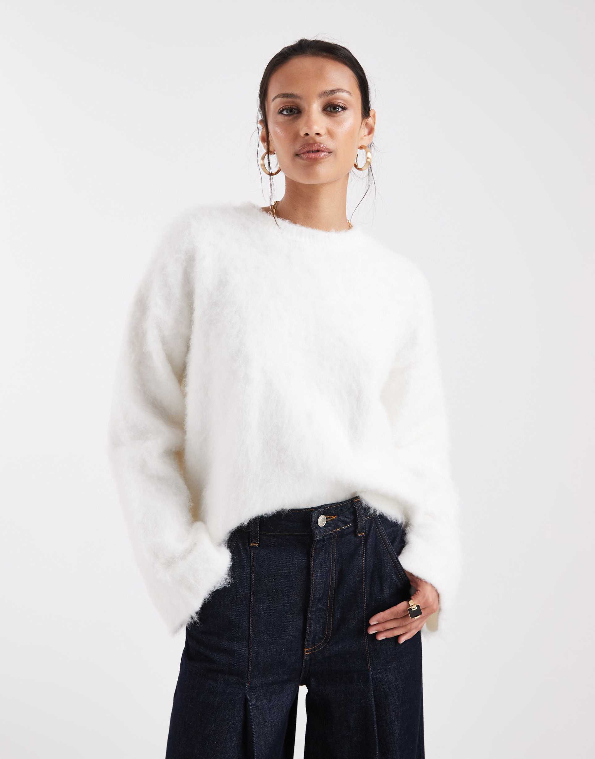 asos design brushed wool blend oversized knit sweater in ecru