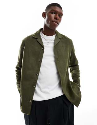 brushed wool look overshirt with camp collar in khaki-Green