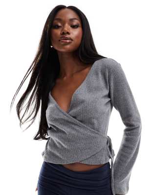Asos Design Brushed Wrap Cardigan Top In Light Gray