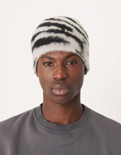 ASOS DESIGN brushed zebra print skull beanie in mono - view 1