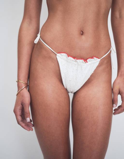 ASOS DESIGN Brynn Broderie frilly tie side bikini bottoms in white, 2 of 4