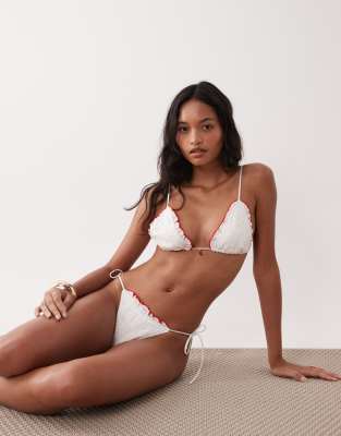 Asos Design Brynn Broderie Frilly Triangle Bikini Top With Chili Charm In White